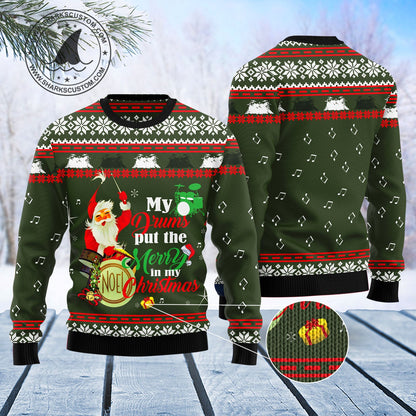 Funny Santa Clause And Drums Ugly Christmas Sweater, Santa Drums Merry Christmas Ugly Sweater, Drums Lover Xmas Crewneck Knitted Ugly Sweater