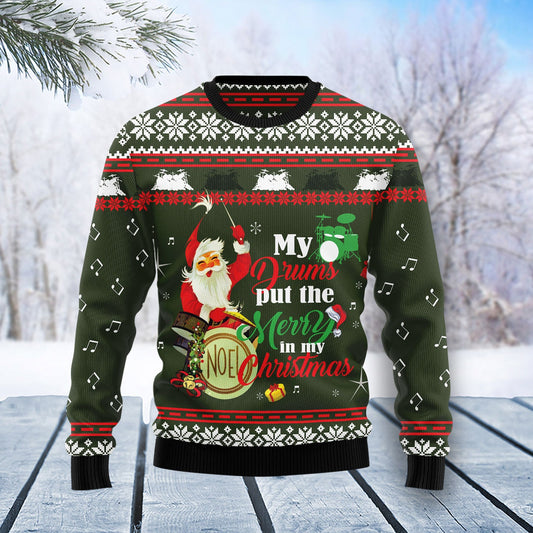 Funny Santa Clause And Drums Ugly Christmas Sweater, Santa Drums Merry Christmas Ugly Sweater, Drums Lover Xmas Crewneck Knitted Ugly Sweater