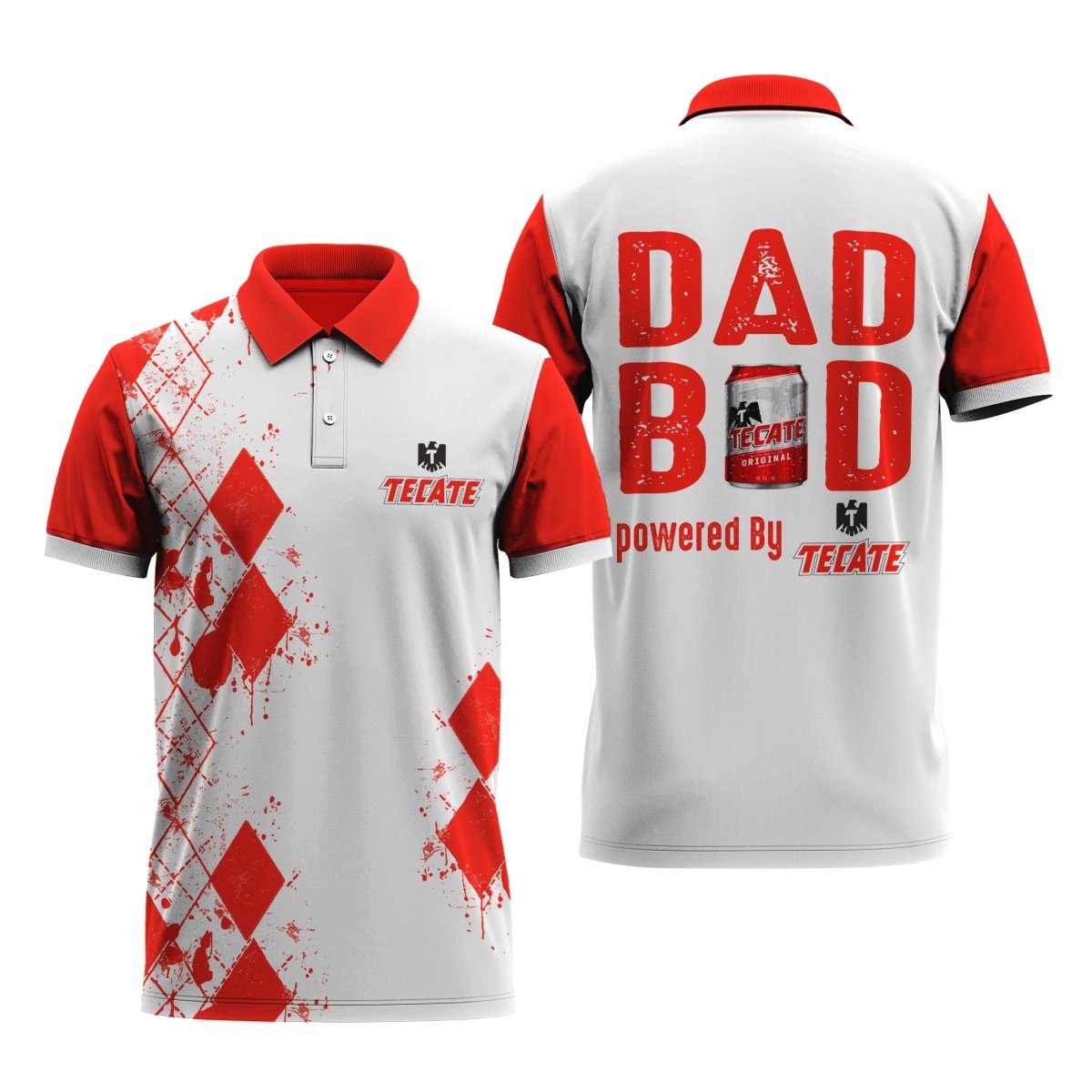 Dad Bod Powered By Tecate Beer Golf Polo Shirt, Tecate Beer Diamond Dad Bod White Polo Shirt, Tecate Beer Logo 3d Men's Short Sleeve Polo Shirts