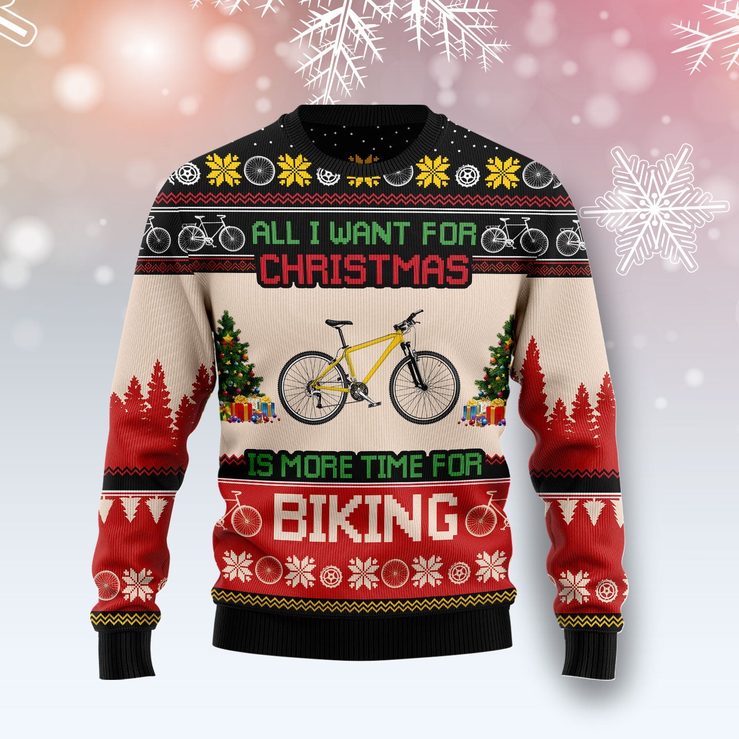 All I Want For Christmas Is More Time For Biking Ugly Sweater, Bicycles Aop Christmas Ugly Sweater, Biker Xmas Gift Crewneck Knitted Ugly Sweater