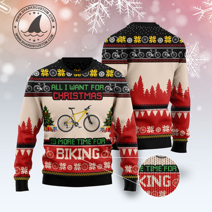 All I Want For Christmas Is More Time For Biking Ugly Sweater, Bicycles Aop Christmas Ugly Sweater, Biker Xmas Gift Crewneck Knitted Ugly Sweater