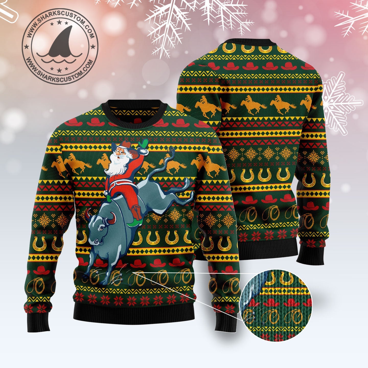 Amazing Cowboy Santa Claus Ugly Christmas Sweater, Rodeo Santa Cowboy All-over Printed Ugly Sweater, Cowboy Pattern Crewneck Knitted Ugly Sweater