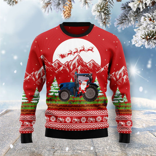 Santa Claus With Tractor Ugly Christmas Sweater, Santa Claus On Farm Aop Ugly Sweater, Santa With Tractor Xmas Crewneck Knitted Ugly Sweater