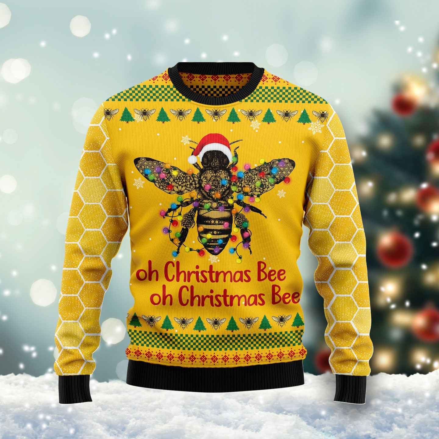 Oh Christmas Bee Ugly Christmas Sweaters, Santa Bee Christmas Lights Yellow Ugly Sweater, Christmas Bee All Over Print Crewneck Knitted Ugly Sweater