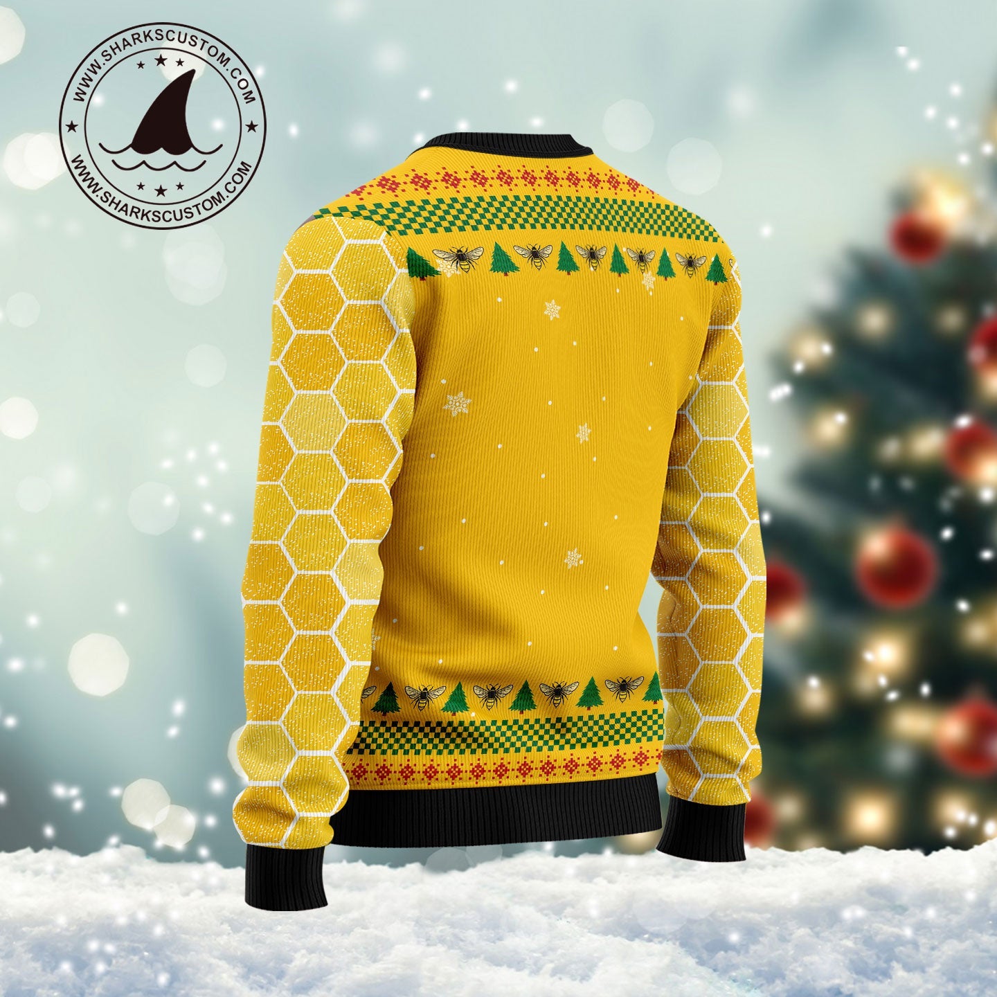 Oh Christmas Bee Ugly Christmas Sweaters, Santa Bee Christmas Lights Yellow Ugly Sweater, Christmas Bee All Over Print Crewneck Knitted Ugly Sweater