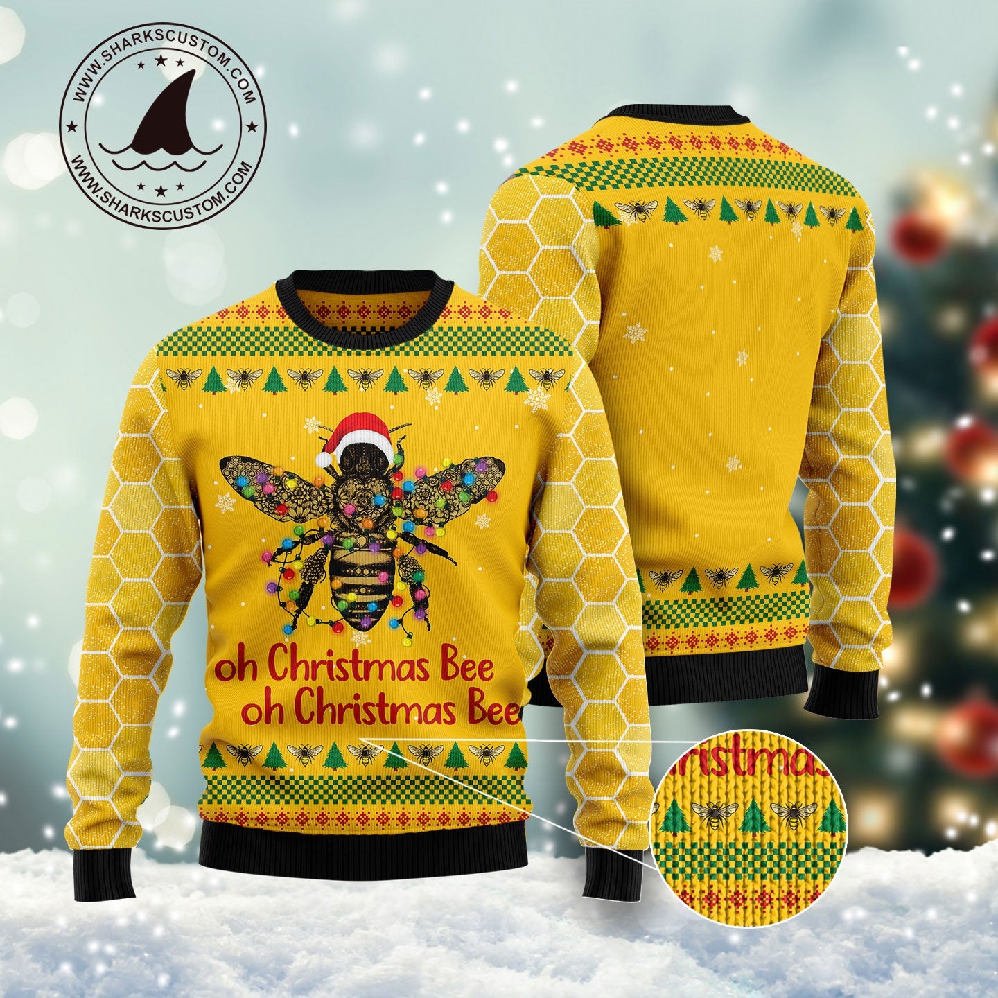 Oh Christmas Bee Ugly Christmas Sweaters, Santa Bee Christmas Lights Yellow Ugly Sweater, Christmas Bee All Over Print Crewneck Knitted Ugly Sweater