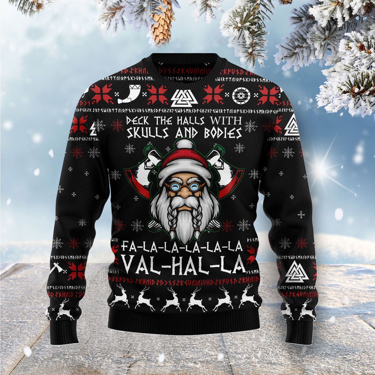 Viking Deck The Halls With Skulls And Bodies Falala Ugly Sweater, Christmas Viking Santa Val-hal-la Ugly Sweater, Xmas Crewneck Knitted Ugly Sweater