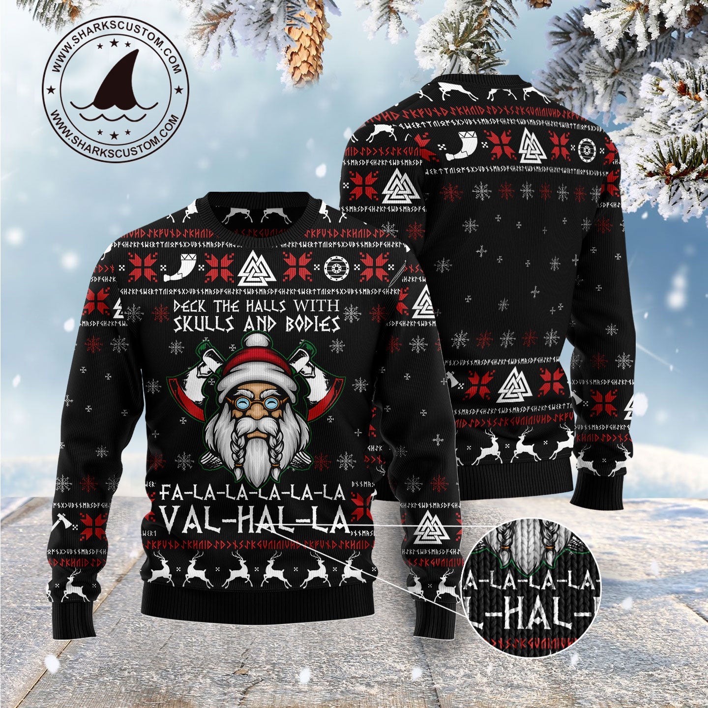 Viking Deck The Halls With Skulls And Bodies Falala Ugly Sweater, Christmas Viking Santa Val-hal-la Ugly Sweater, Xmas Crewneck Knitted Ugly Sweater