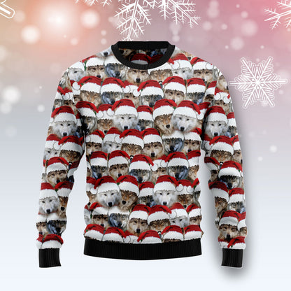 Santa Wolf 3d All-over Printed Ugly Christmas Sweater, Group Of Wolves Santa Hat Christmas Ugly Sweater, Wolf Lover Crewneck Knitted Ugly Sweater