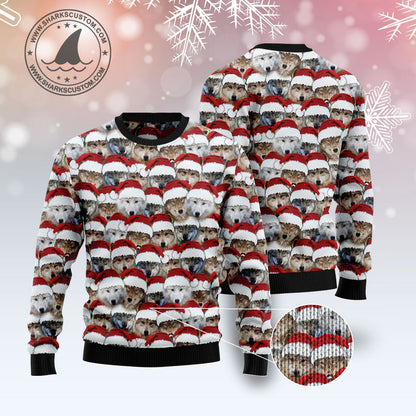 Santa Wolf 3d All-over Printed Ugly Christmas Sweater, Group Of Wolves Santa Hat Christmas Ugly Sweater, Wolf Lover Crewneck Knitted Ugly Sweater