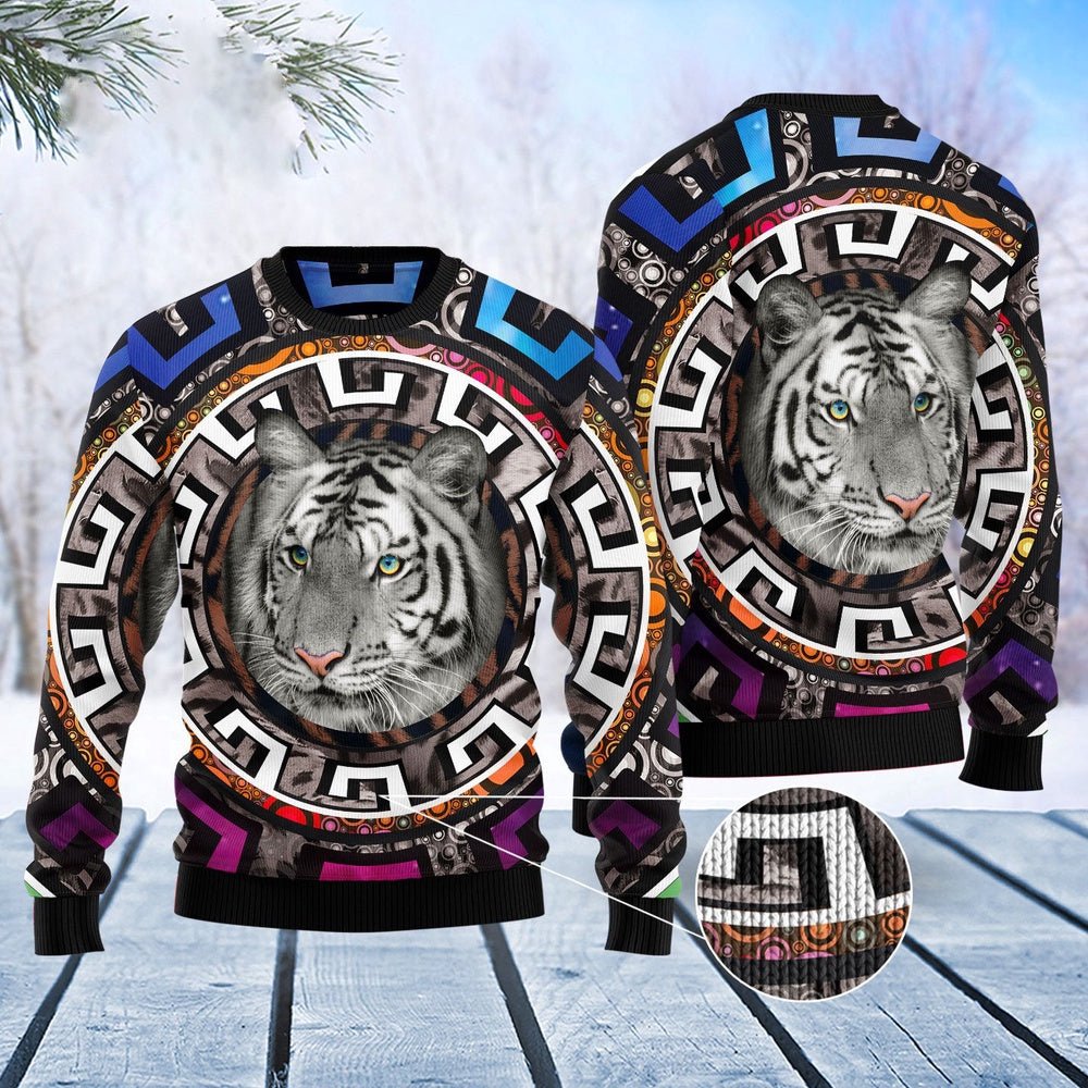White Tiger Beauty 3d Printed Ugly Christmas Sweater, White Tiger Psychedelic Xmas Ugly Sweater, White Tiger All-over Print Knitted Ugly Sweater
