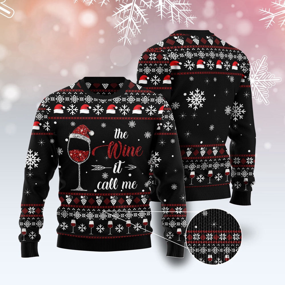 Red Wine It Calls Me Ugly Christmas Sweaters, Christmas Wine Glass Rhinestone Xmas Ugly Sweater, Wine Lovers Xmas Crewneck Knitted Ugly Sweater