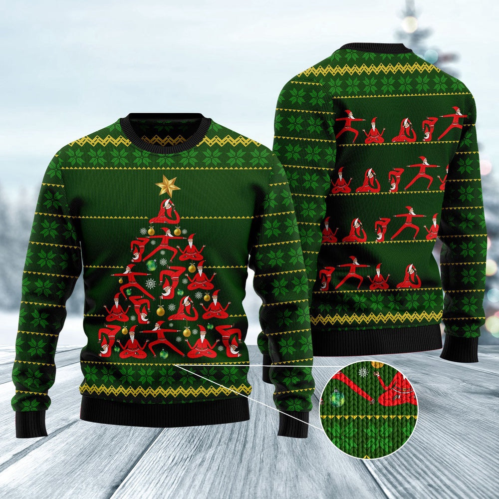 Santa Doing Yoga Christmas Tree Ugly Sweater, Funny Santa Yoga Namaste All-over Print Green Ugly Sweater, Yoga Lover Aop Knitted Ugly Sweater