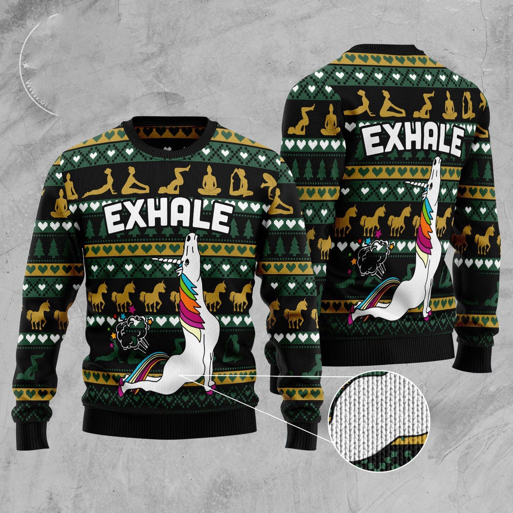 Yoga Unicorn Exhale Ugly Christmas Sweater, Unicorn Doing Yoga All Over Printed Ugly Sweater, Funny Yoga Christmas Pattern Knitted Ugly Sweater