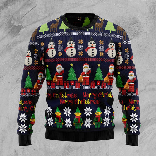 A Merry Lego Christmas Ugly Sweater, Christmas Elf Santa Lego Ugly Christmas Sweater, Lego Merry Christmas Holiday Crew Neck Ugly Sweater