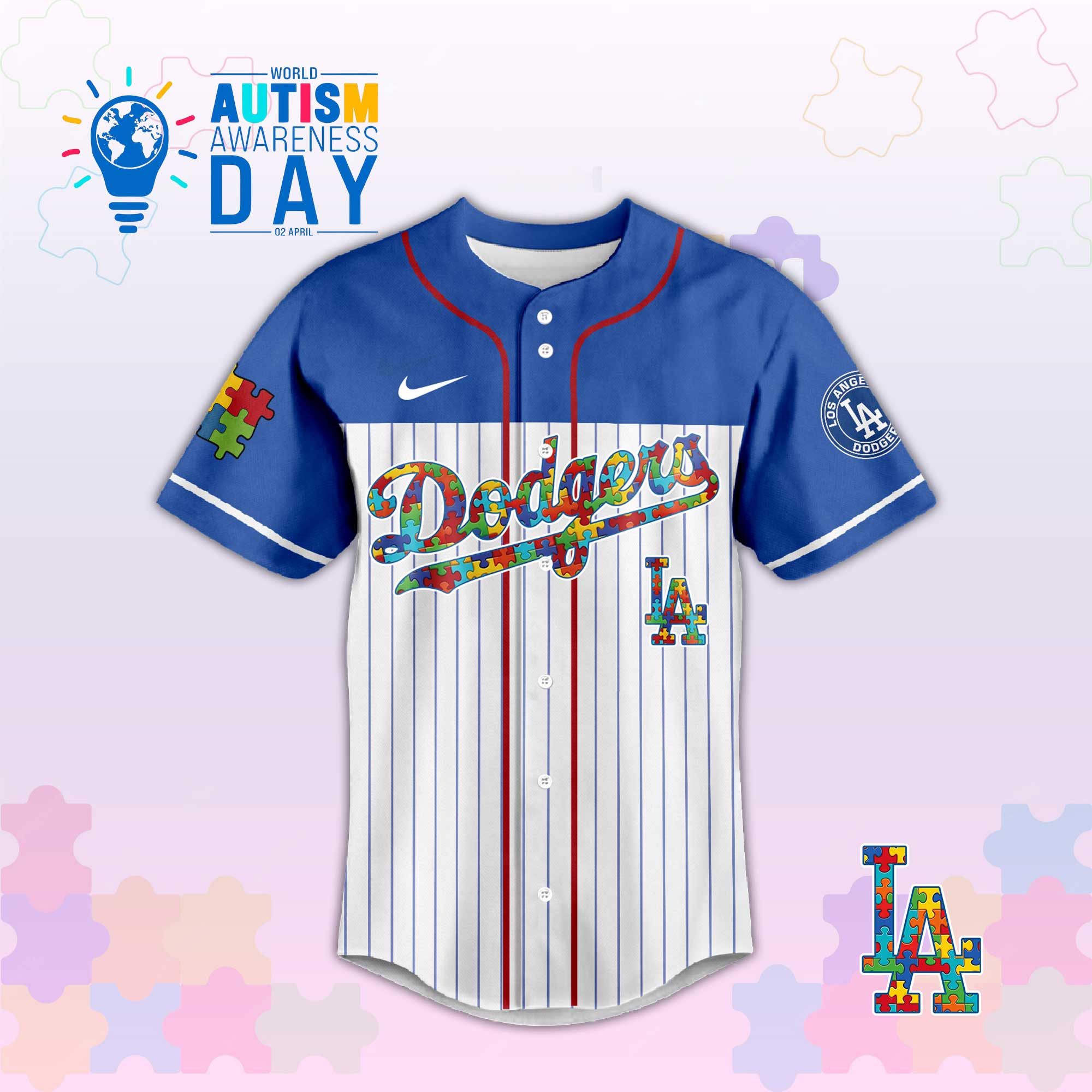 L.A Dodgers In April We Wear Blue Autism Baseball Jersey.