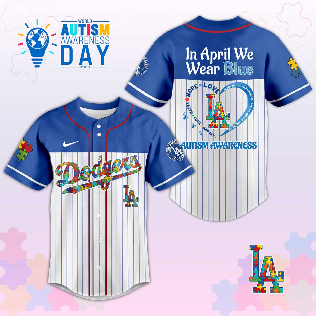 L.A Dodgers In April We Wear Blue Autism Baseball Jersey.