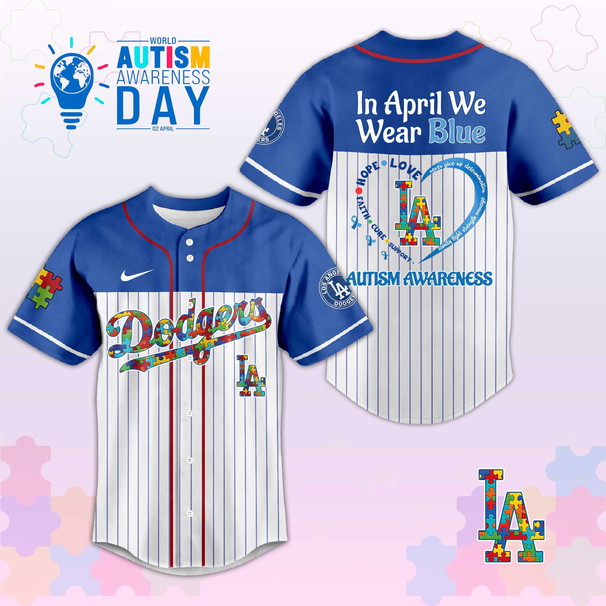 L.A Dodgers In April We Wear Blue Autism Baseball Jersey.