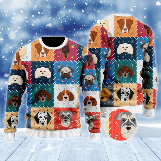 Adorable Dogs Face Cartoon All Over Print Ugly Sweater, Puppies Dogs Group Colorful Ugly Sweater, Dog Lover Xmas Crewneck Knitted Ugly Sweater