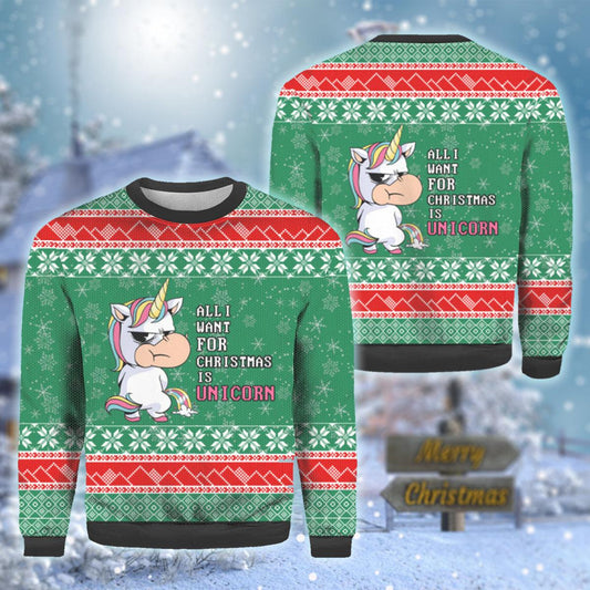 All I Want For Christmas Is Unicorn Ugly Sweater, Naughty Unicorn Green Christmas Ugly Sweater, Funny Unicorn Xmas Crewneck Knitted Ugly Sweater