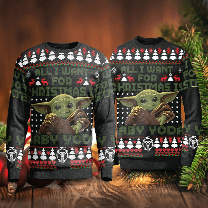 All I Want For Christmas Is Baby Yoda Christmas Ugly Sweater, Grogu Baby Yoda Ugly Christmas Sweater, Star Wars Xmas Crew Neck Knitted Ugly Sweater