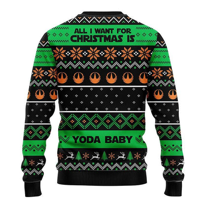 All I Want For Christmas Is Yoda Baby Ugly Christmas Sweater, Star Wars Grogu Baby Yoda Xmas Ugly Sweater, Star Wars Christmas Crewneck Ugly Sweater