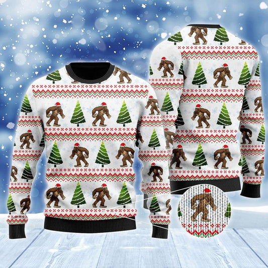 Amazing Santa Bigfoot Christmas Tree Ugly Sweater, Bigfoot Pine Tree Seamless Pattern Christmas Ugly Sweater, Bigfoot Xmas Knitted Ugly Sweater