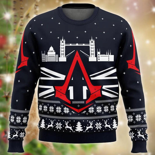 Assassins Creed London Bridge Ugly Xmas Sweater, Assassins Creed Logo Reindeer Snowflakes Ugly Sweater, Assassins Creed Crewneck Knitted Sweater