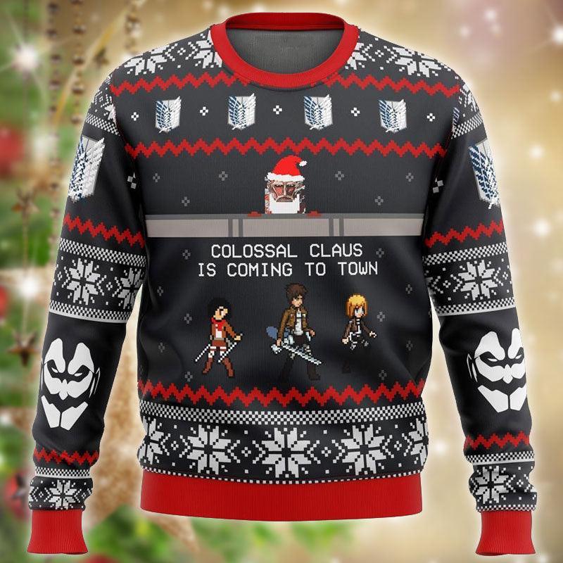 Attack On Titan Colossal Claus Is Coming Ugly Sweater, Funny Aot Colossal Titan Black Christmas Ugly Sweater, Attack On Titan Knitted Ugly Sweater