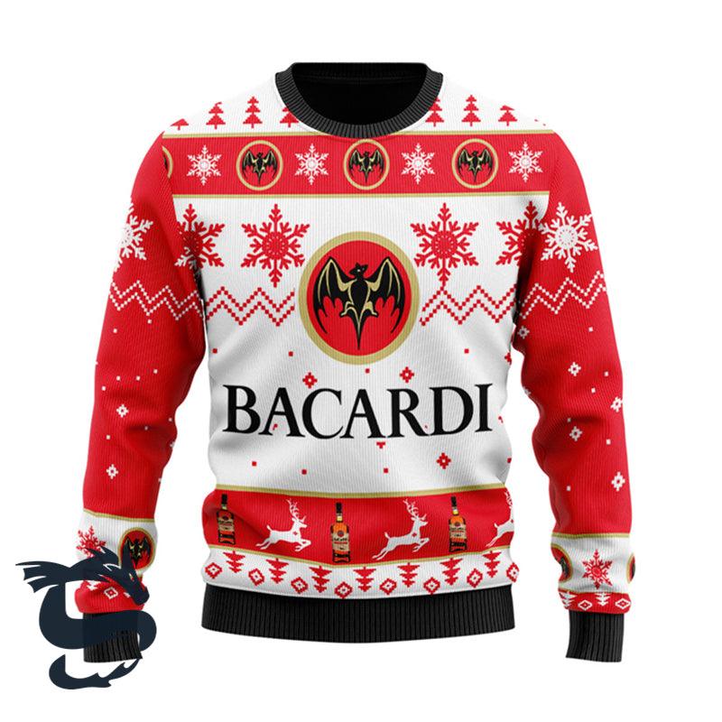 Bacardi Rum Ugly Christmas Sweater, Bacardi White Rum Lovers Christmas Ugly Sweater, Bacardi Logo Print Christmas Holiday Crew Neck Ugly Sweaters