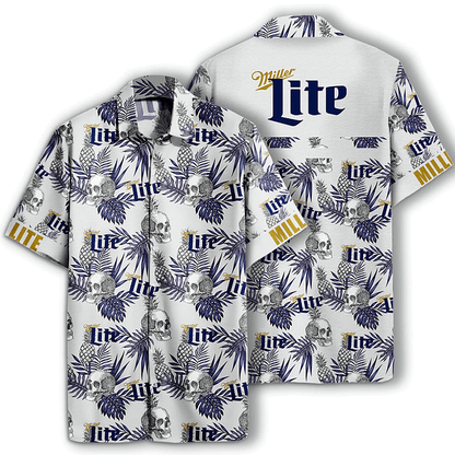 Miller Lite Skull Pineapple Pattern Hawaiian Shirt, Miller Lite Beer Aloha Summer Shirt, Miller Lite Beer Tropical Button Down Hawaiian Shirt