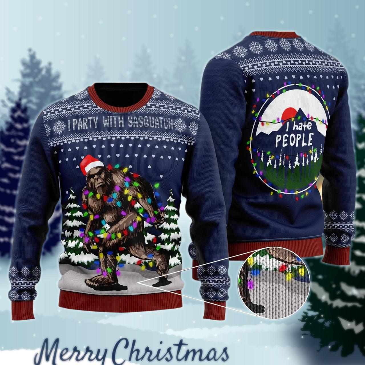 Santa Bigfoot Xmas Lights Ugly Christmas Sweater, Funny Sasquatch I Hate People Christmas Ugly Sweater, Bigfoot Lovers Holiday Crewneck Ugly Sweater