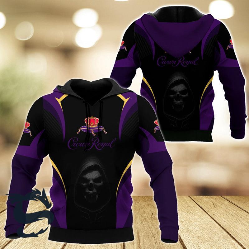 Black Skull Crown Royal Whisky 3d Printed Hoodie, Crown Royal Logo Purple Black Pullover Hooded Sweatshirt, Crown Royal Whisky Unisex Zip Hoodie