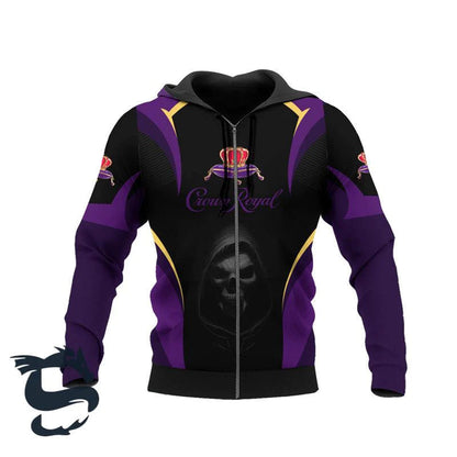 Black Skull Crown Royal Whisky 3D Printed Hoodie, Crown Royal Logo Purple Black Pullover Hooded Sweatshirt, Crown Royal Whisky Unisex Zip Hoodie