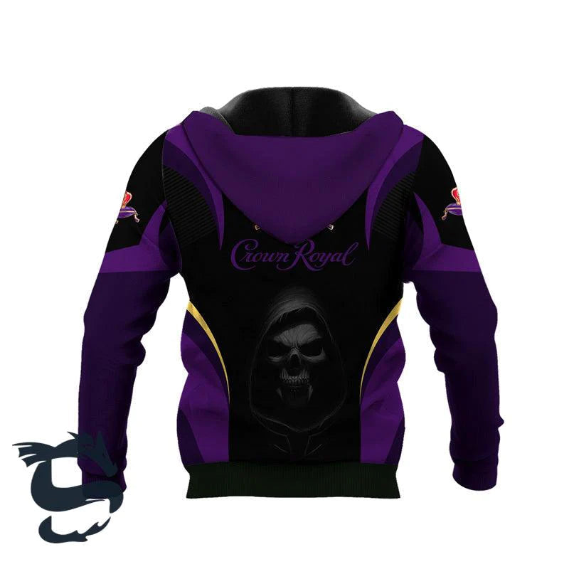 Black Skull Crown Royal Whisky 3D Printed Hoodie, Crown Royal Logo Purple Black Pullover Hooded Sweatshirt, Crown Royal Whisky Unisex Zip Hoodie