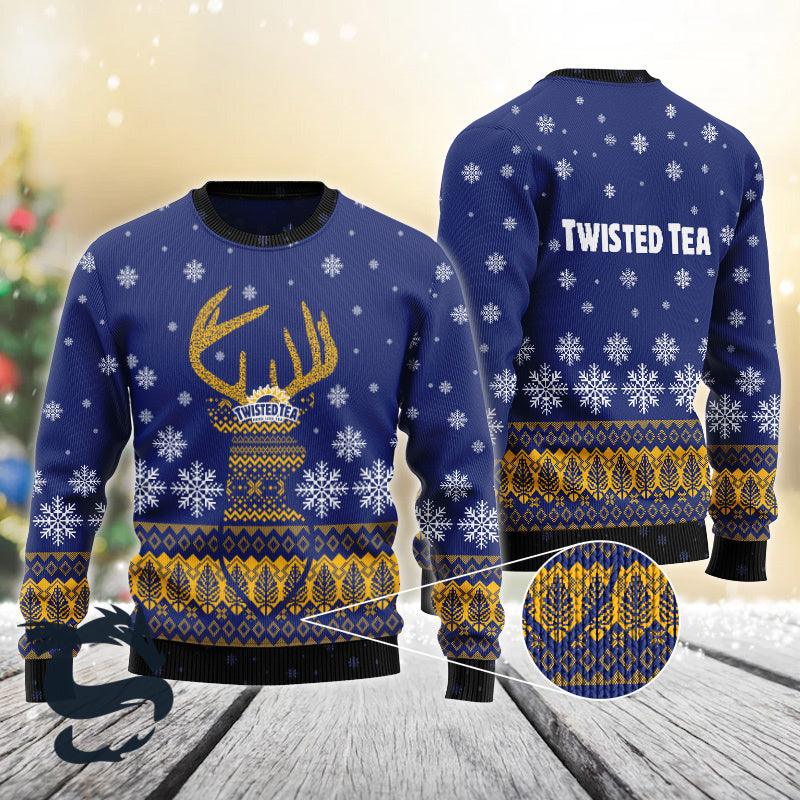 Blue Twisted Tea Reindeer Snowy Ugly Christmas Sweater, Blue Twisted Tea Christmas Ugly Sweater, Twisted Tea Snowflakes Xmas Crewneck Ugly Sweater