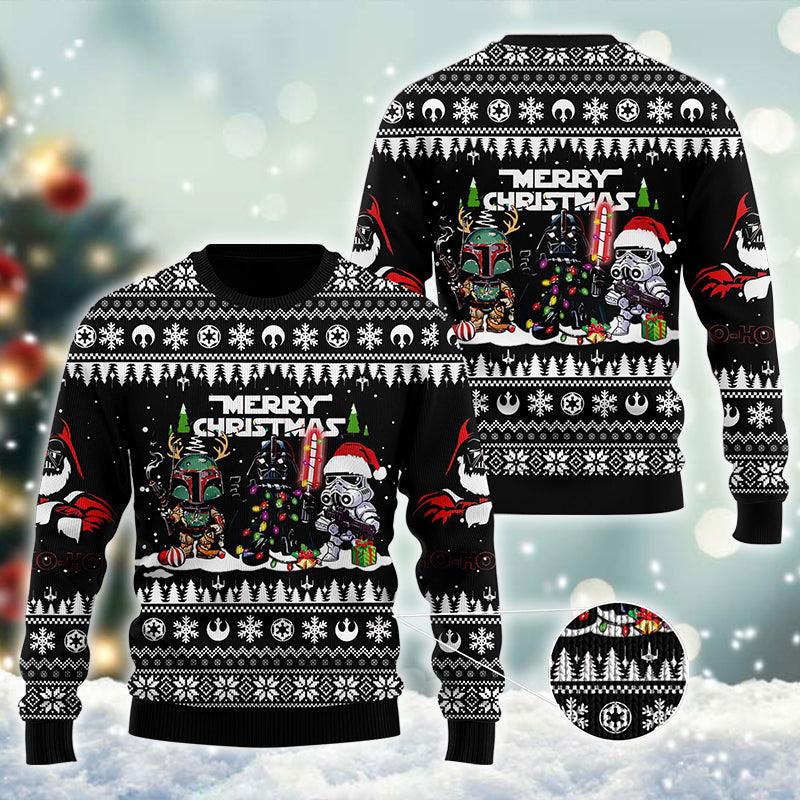 Cute Star Wars Christmas Black Ugly Sweater, Boba Fett Darth Vader Stormtrooper Christmas Ugly Sweater, Star Wars Xmas Holiday Crewneck Ugly Sweater