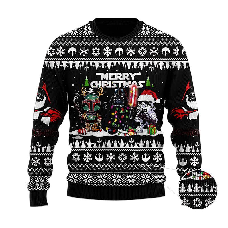 Cute Star Wars Christmas Black Ugly Sweater, Boba Fett Darth Vader Stormtrooper Christmas Ugly Sweater, Star Wars Xmas Holiday Crewneck Ugly Sweater