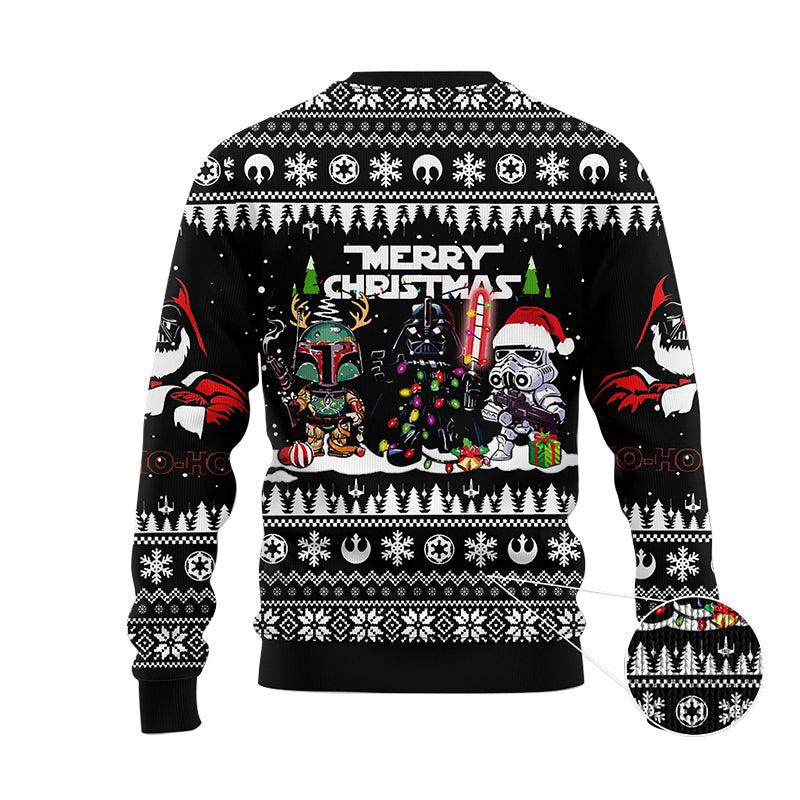 Cute Star Wars Christmas Black Ugly Sweater, Boba Fett Darth Vader Stormtrooper Christmas Ugly Sweater, Star Wars Xmas Holiday Crewneck Ugly Sweater