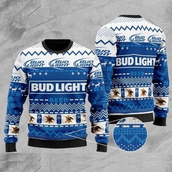 Bud Light Blue Ugly Christmas Sweater, Bud Light Beer Lovers Ugly Sweater, Bud Light All Over Print Christmas Crew Neck Ugly Sweaters