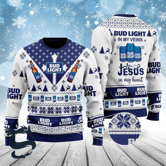 Bud Light In My Veins Jesus In My Heart Ugly Christmas Sweater, Bud Light Beer Print Christmas Ugly Sweater, Bud Light Xmas Crew Neck Ugly Sweater