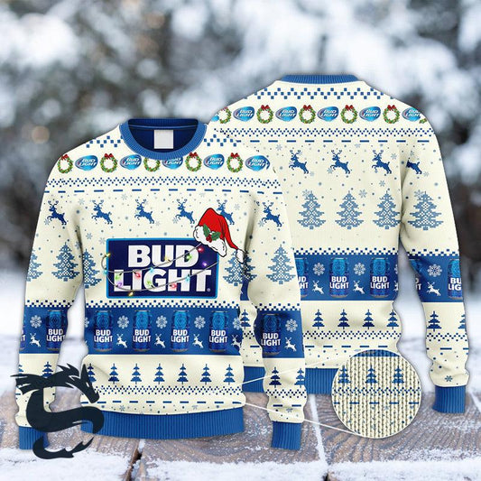 Bud Light Santa Hat Ugly Christmas Sweater, Bud Light Reindeer Snowy Christmas Ugly Sweater, Bud Light Beer All-over Print Crew Neck Ugly Sweater