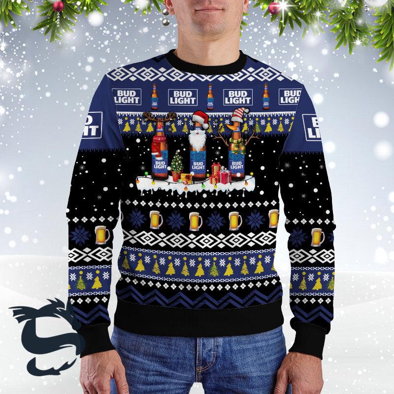 Bud Light Santa Reindeer Snowflake Ugly Christmas Sweater, Bud Light Beer Christmas Ugly Sweater, Bud Light Beer Lover Xmas Crewneck Ugly Sweater