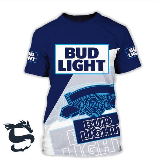 Blue Bud Light 3d All Over Printed T-shirt, Bud Light Beer Logo Printed White Blue T-shirt, Bud Light Beer 3d T-shirt