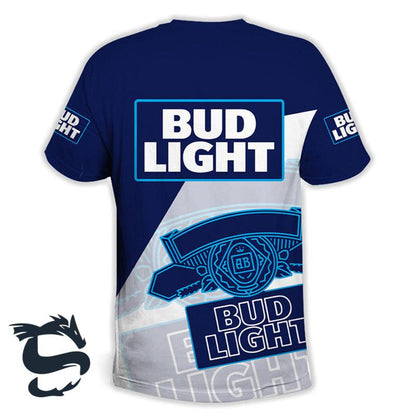 Blue Bud Light 3d All Over Printed T-shirt, Bud Light Beer Logo Printed White Blue T-shirt, Bud Light Beer 3d T-shirt