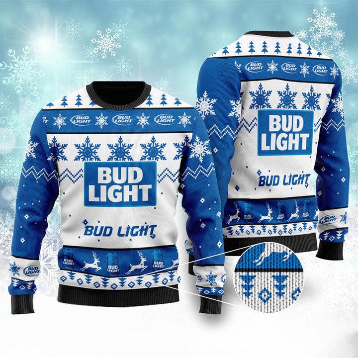 Snowflakes Bud Light Beer Ugly Christmas Sweater, Bud Light Beer Lovers Ugly Sweater, All Over Print Christmas Holiday Crew Neck Ugly Sweaters