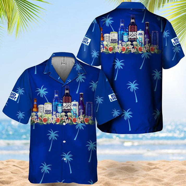 Bud Light Collection Blue Hawaiian Shirts, Bud Light Palm Tree Summer Aloha Shirts, Tropical Bud Light Beer Button Down Hawaiian Shirts