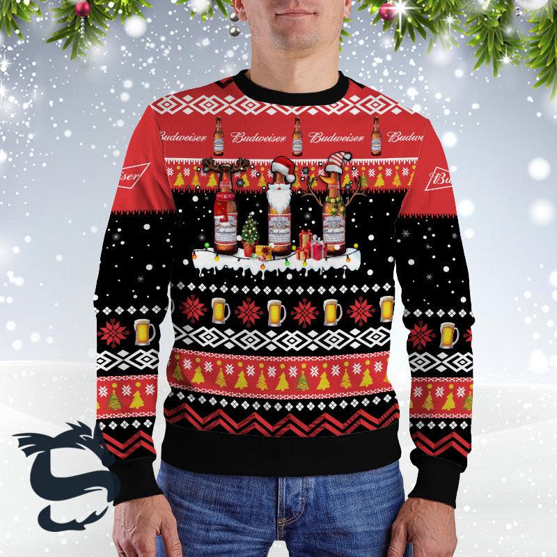 Budweiser Santa Reindeer Snowflake Red Ugly Sweater, Budweiser Beer All-over Print Ugly Sweater, Budweiser Xmas Crewneck Knitted Ugly Sweater