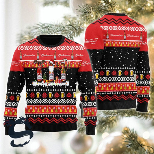 Budweiser Santa Reindeer Snowflake Red Ugly Sweater, Budweiser Beer All-over Print Ugly Sweater, Budweiser Xmas Crewneck Knitted Ugly Sweater