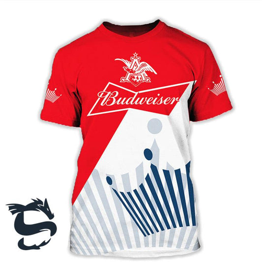 Budweiser 3d All Over Printed T-shirt, Budweiser Beer Logo Printed White & Red T-shirt, Budweiser Beer 3d T-shirt